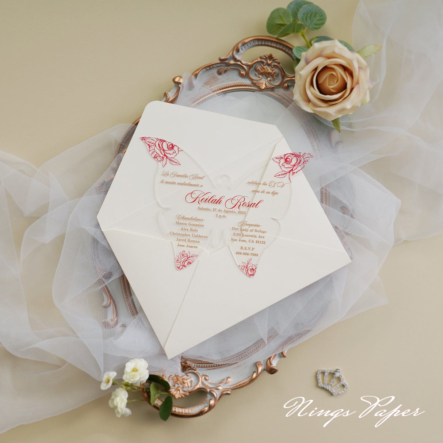 1mm/0.04" Red Butterfly Clear Acrylic Quinceanera Invitation Cards with Envelopes