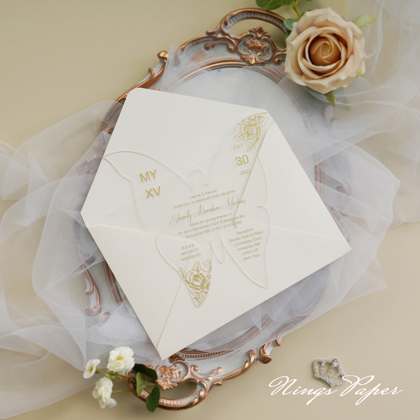 1mm/0.04" Gold Butterfly Clear Acrylic Quinceanera Invitation Card with Envelope