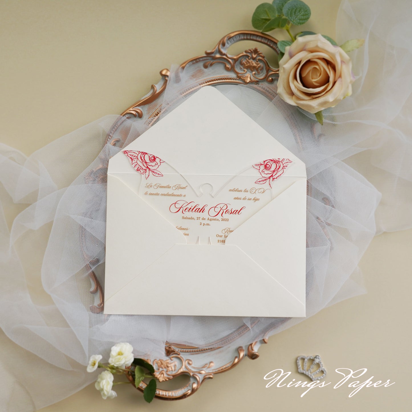 1mm/0.04" Red Butterfly Clear Acrylic Quinceanera Invitation Cards with Envelopes