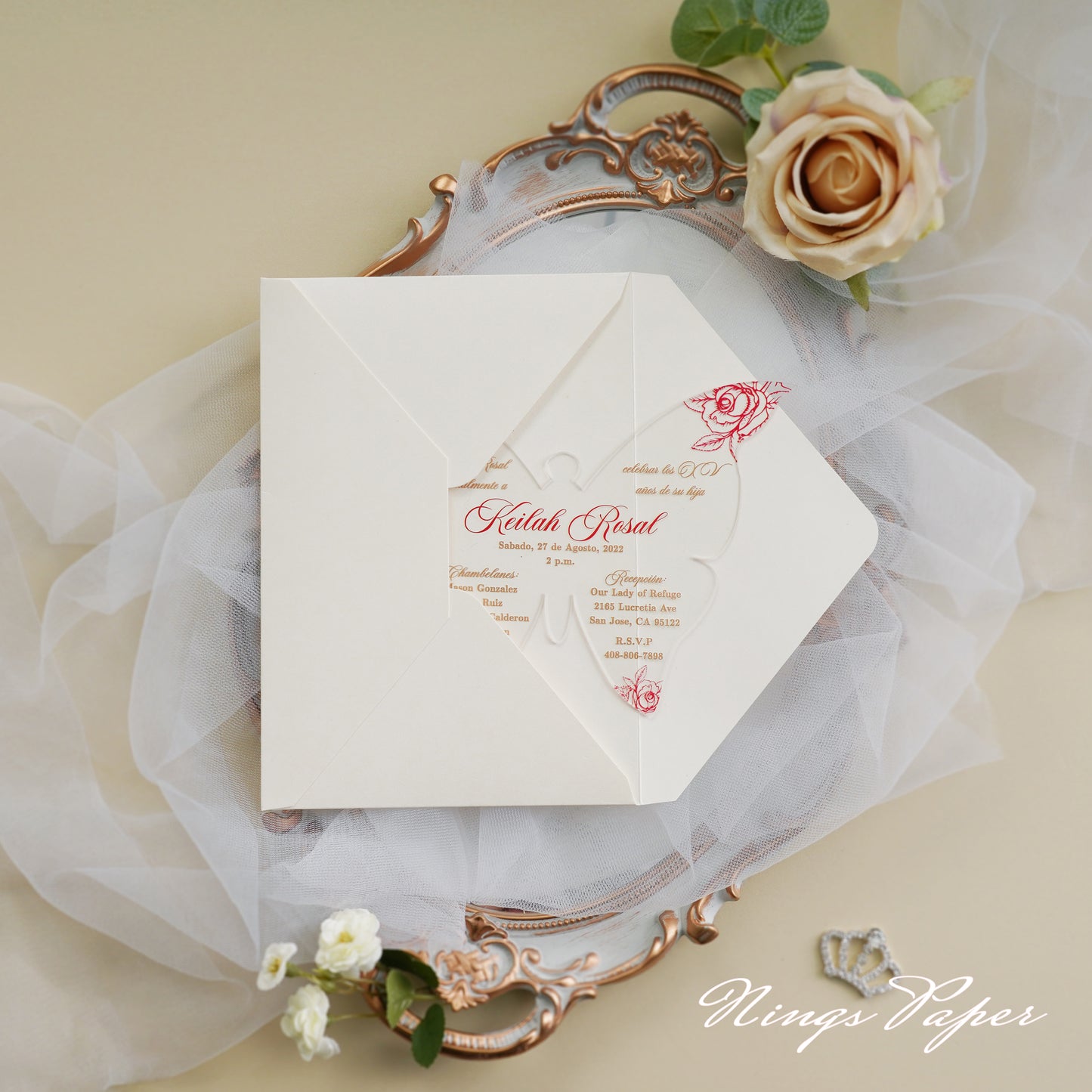 1mm/0.04" Red Butterfly Clear Acrylic Quinceanera Invitation Cards with Envelopes