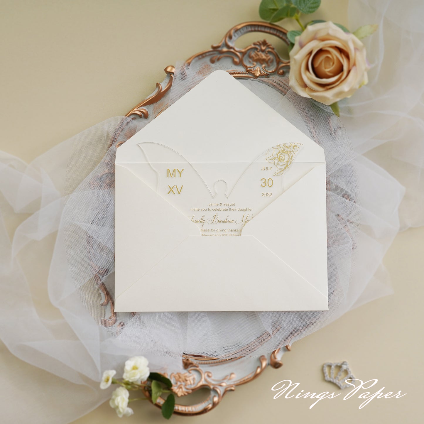 1mm/0.04" Gold Butterfly Clear Acrylic Quinceanera Invitation Card with Envelope