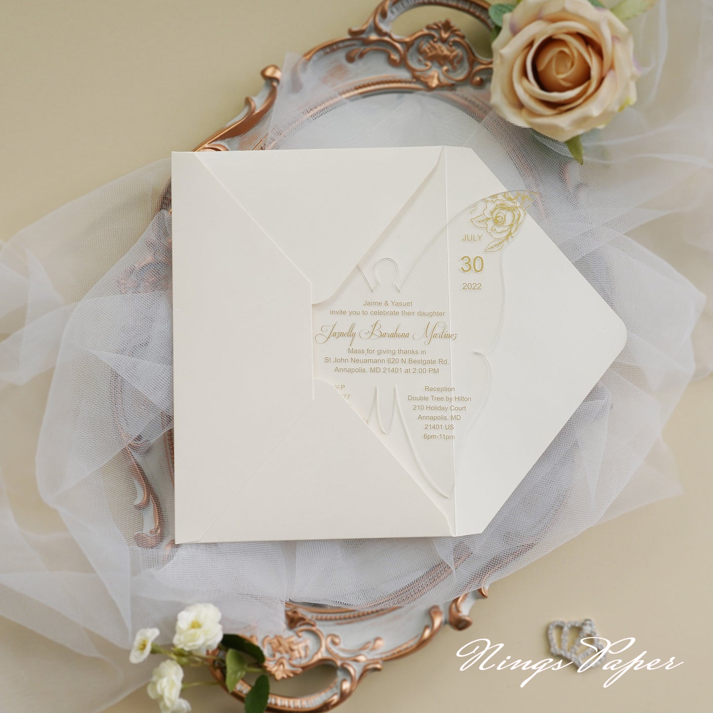 1mm/0.04" Gold Butterfly Clear Acrylic Quinceanera Invitation Card with Envelope