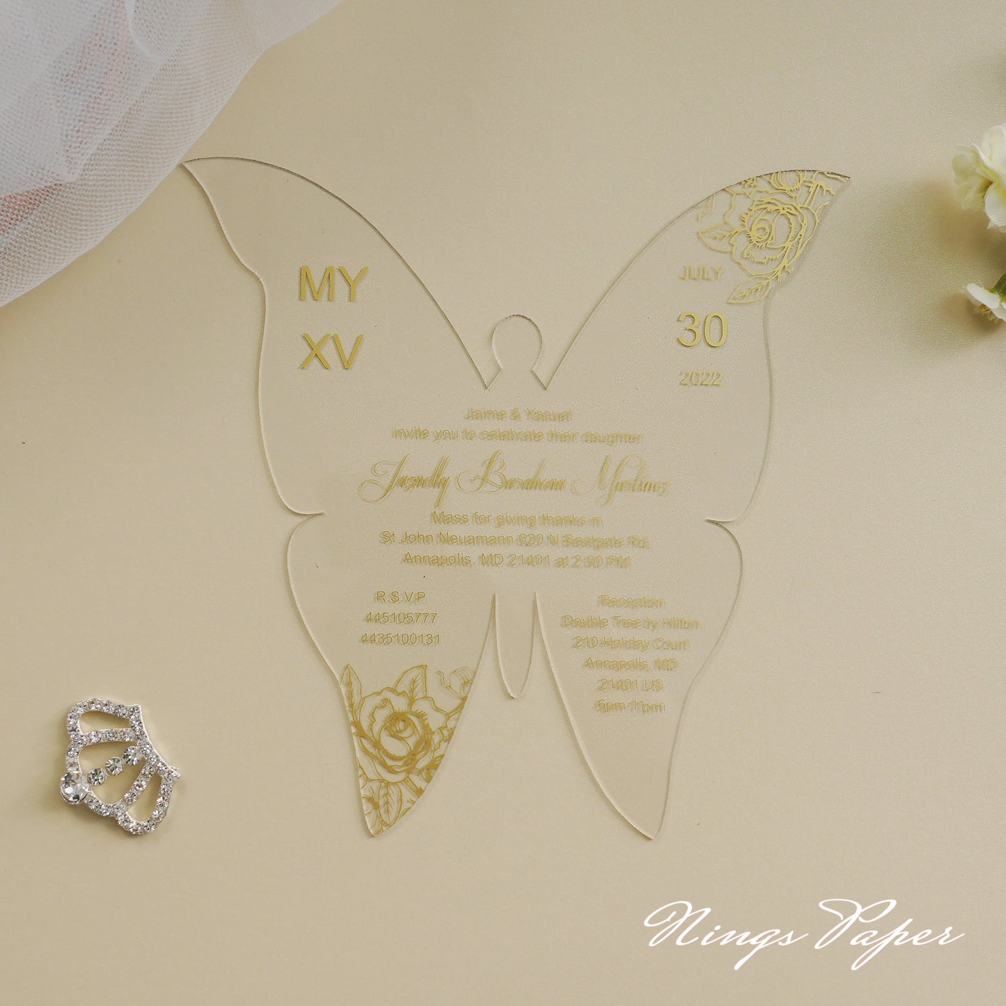 1mm/0.04" Gold Butterfly Clear Acrylic Quinceanera Invitation Card with Envelope