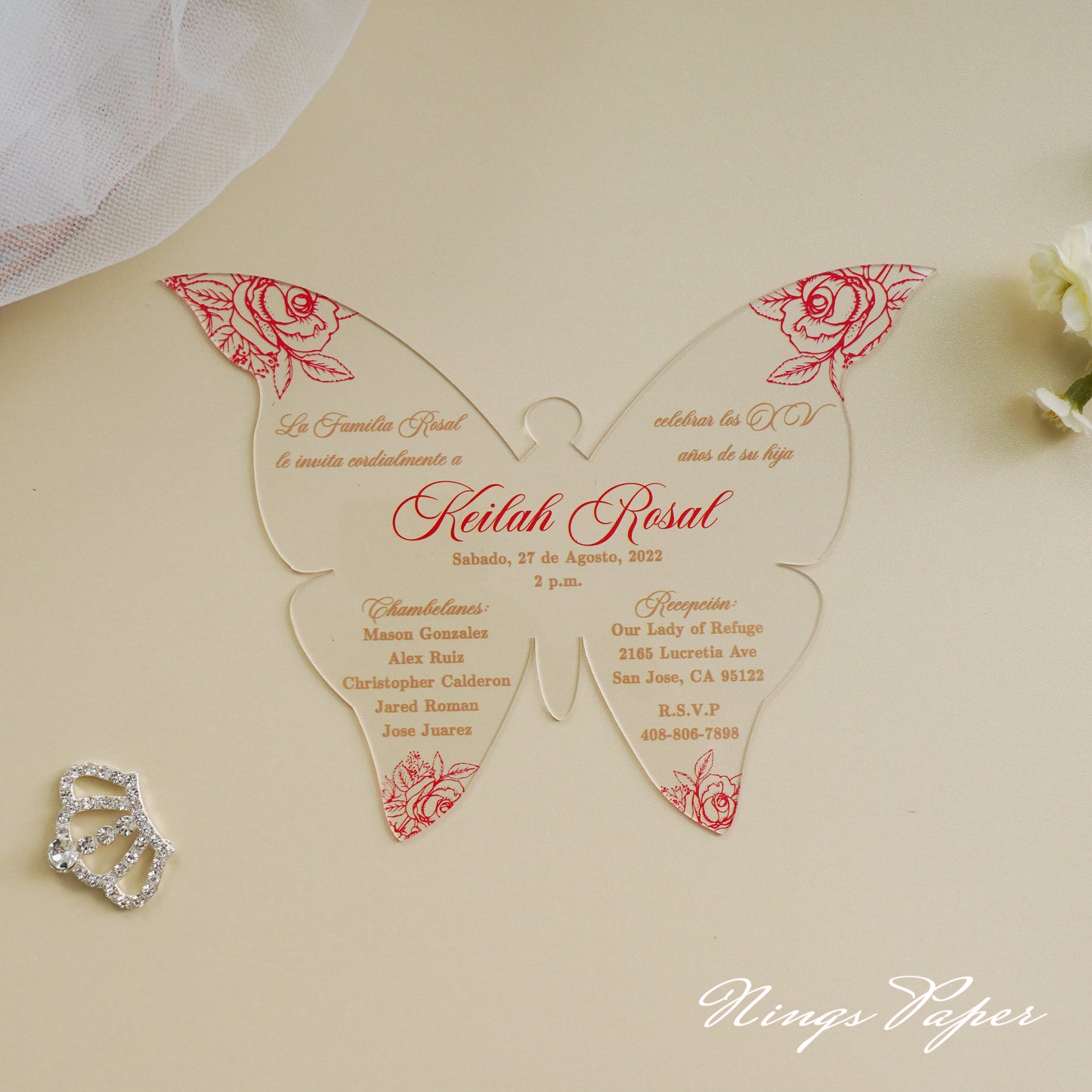 1mm/0.04" Red Butterfly Clear Acrylic Quinceanera Invitation Cards with Envelopes