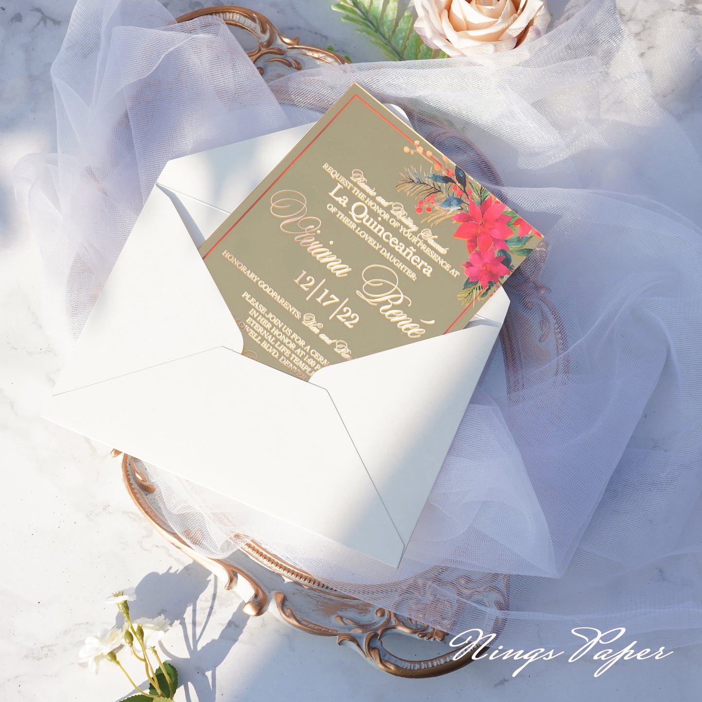 XV Años Invitations, Gold Mirror Acrylic Quinceañera Invitation Cards with Envelopes-2mm/0.7"