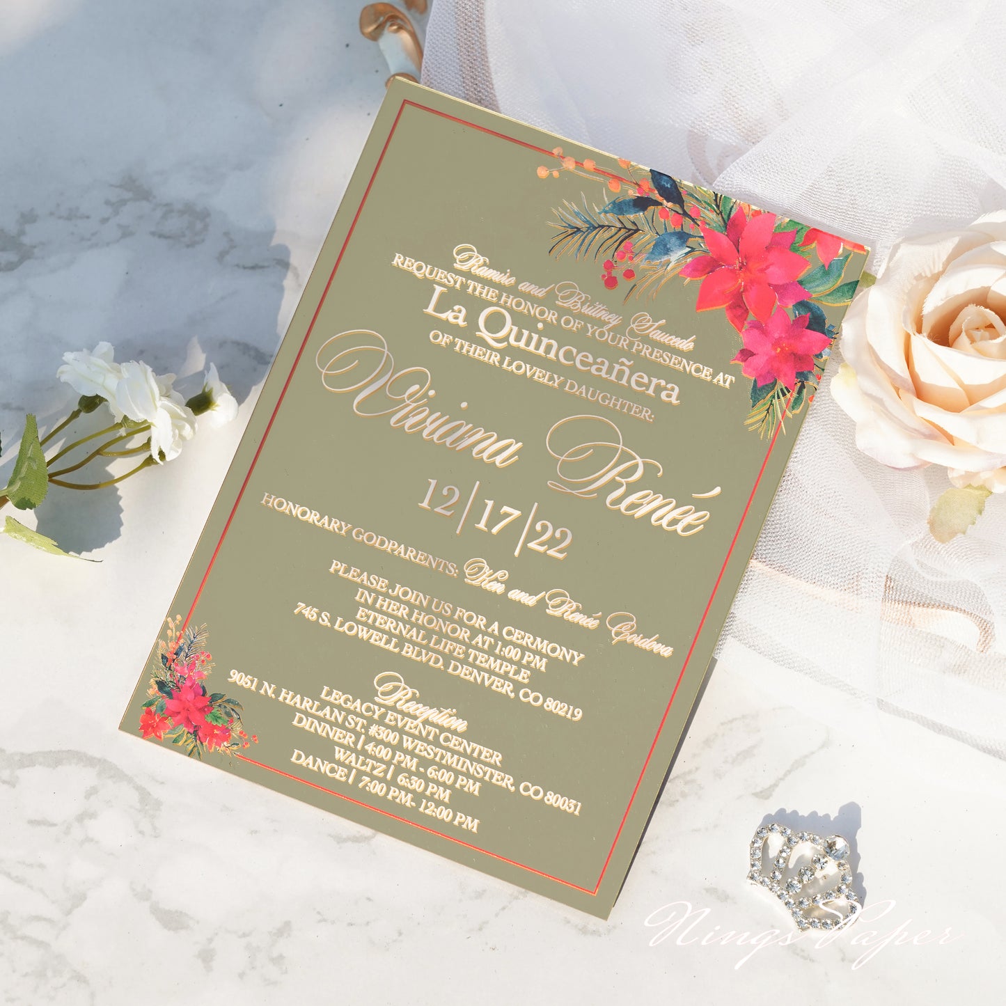 XV Años Invitations, Gold Mirror Acrylic Quinceañera Invitation Cards with Envelopes-2mm/0.7"