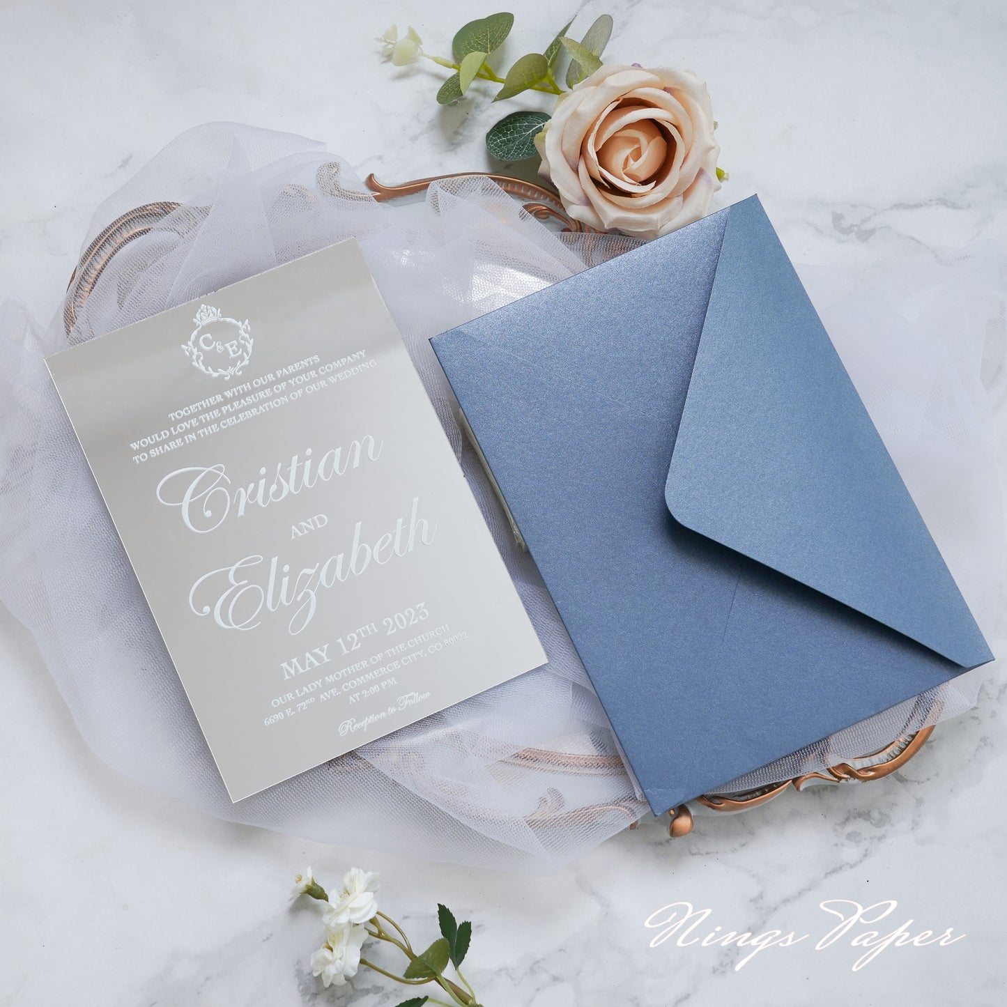 NingsPaper Silver Mirror Wedding Invitation Cards with Envelope-2mm/0.7"