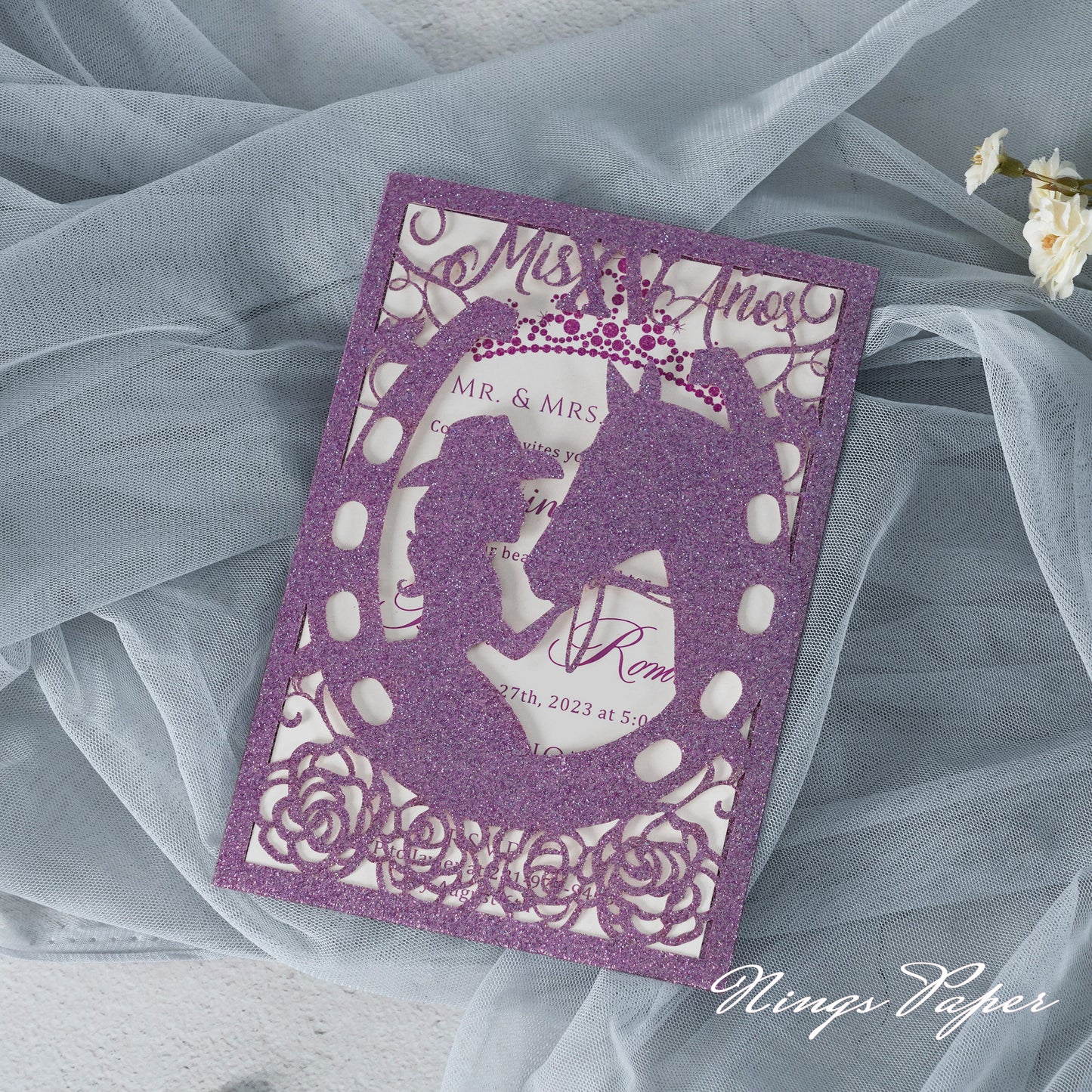 Purple Glitter Laser Cut Pocket Quinceañera Invitation Cards with Envelopes