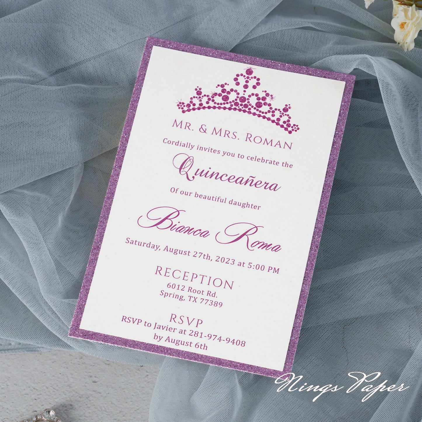 Purple Glitter Laser Cut Pocket Quinceañera Invitation Cards with Envelopes