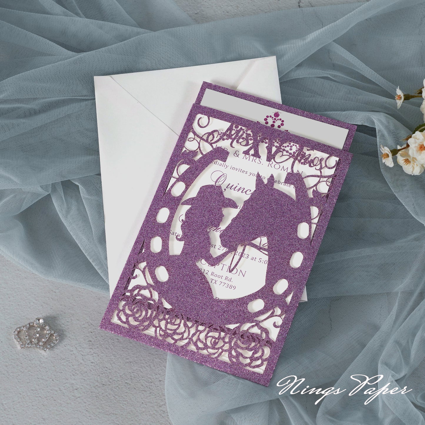 Purple Glitter Laser Cut Pocket Quinceañera Invitation Cards with Envelopes