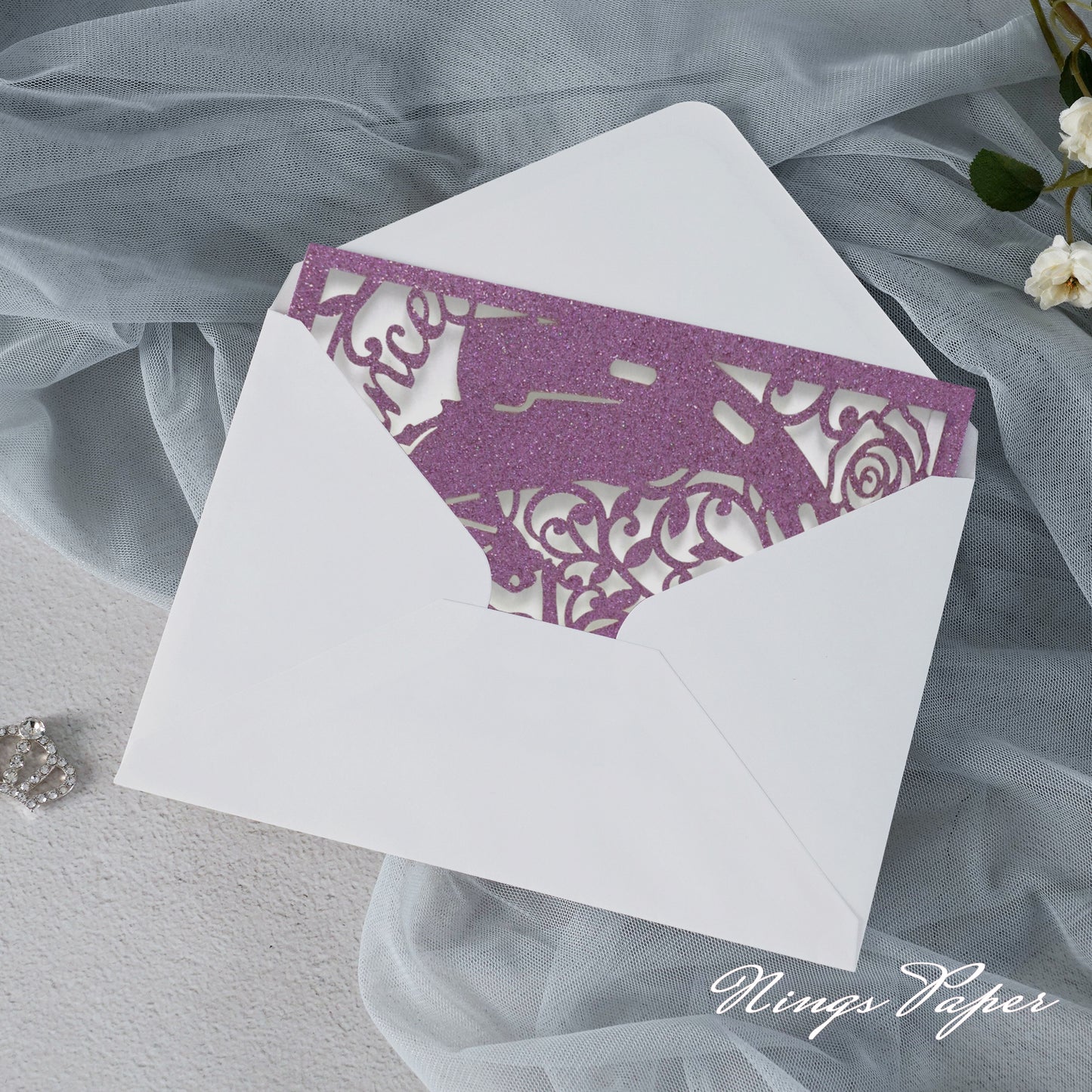 Purple Glitter Laser Cut Pocket Quinceañera Invitation Cards with Envelopes