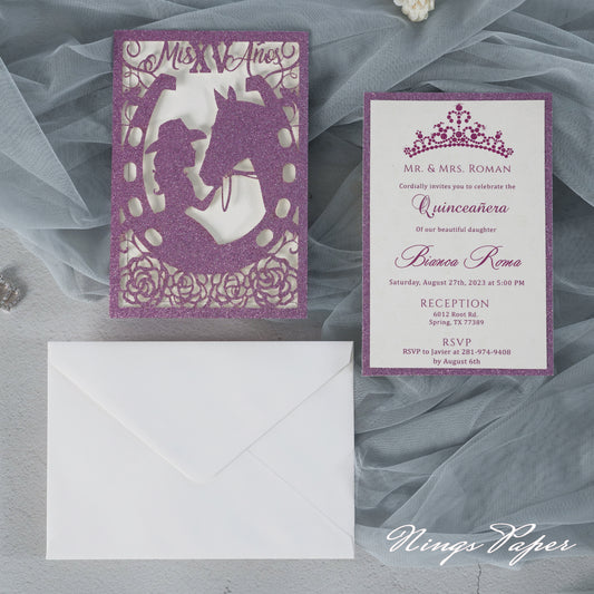 Purple Glitter Laser Cut Pocket Quinceañera Invitation Cards with Envelopes