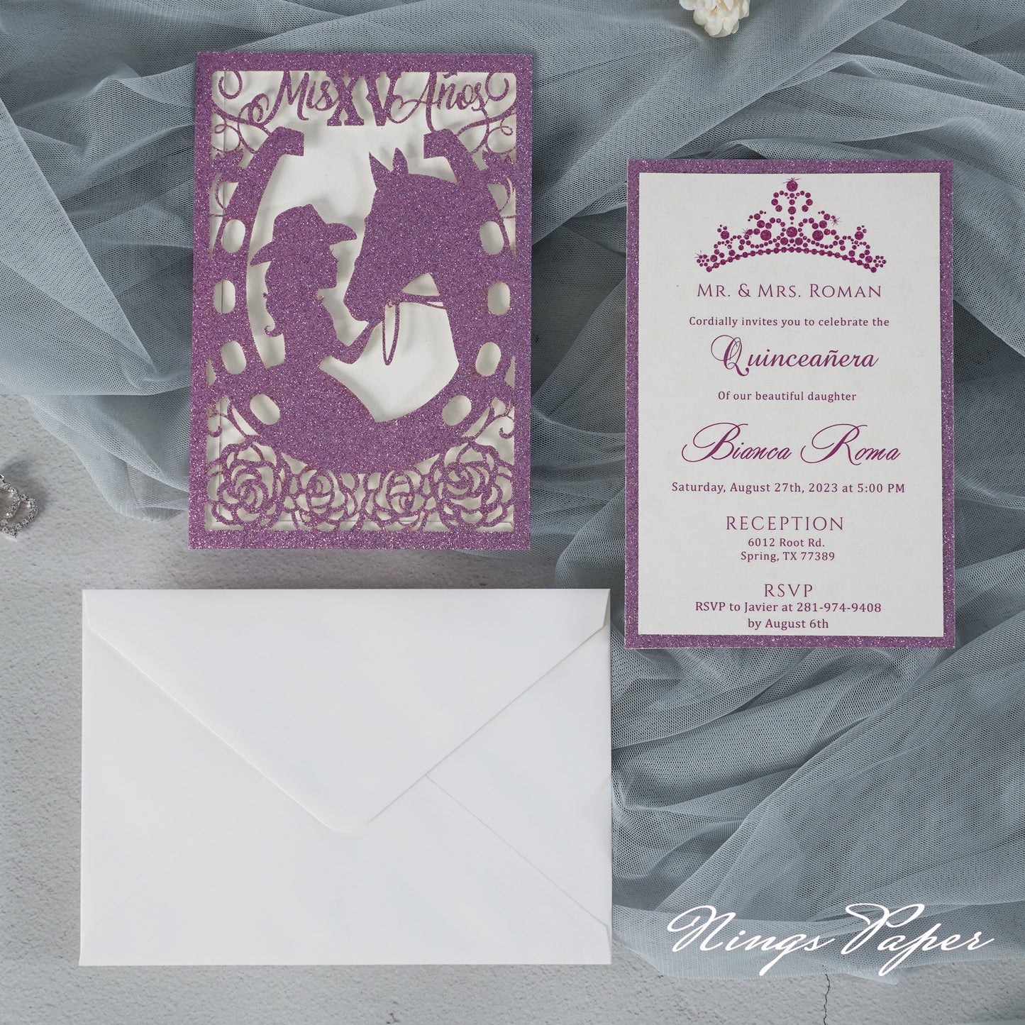 Sample Order Glitter Laser Cut Invitation Cards with Envelopes