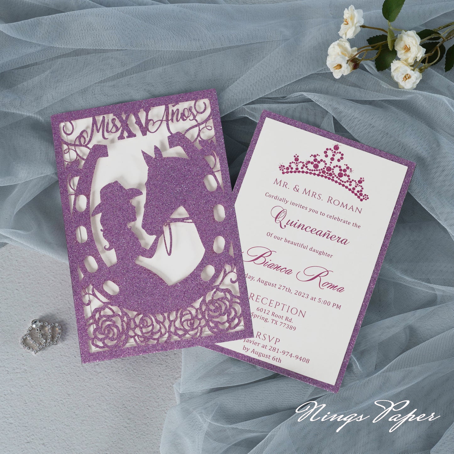 Purple Glitter Laser Cut Pocket Quinceañera Invitation Cards with Envelopes