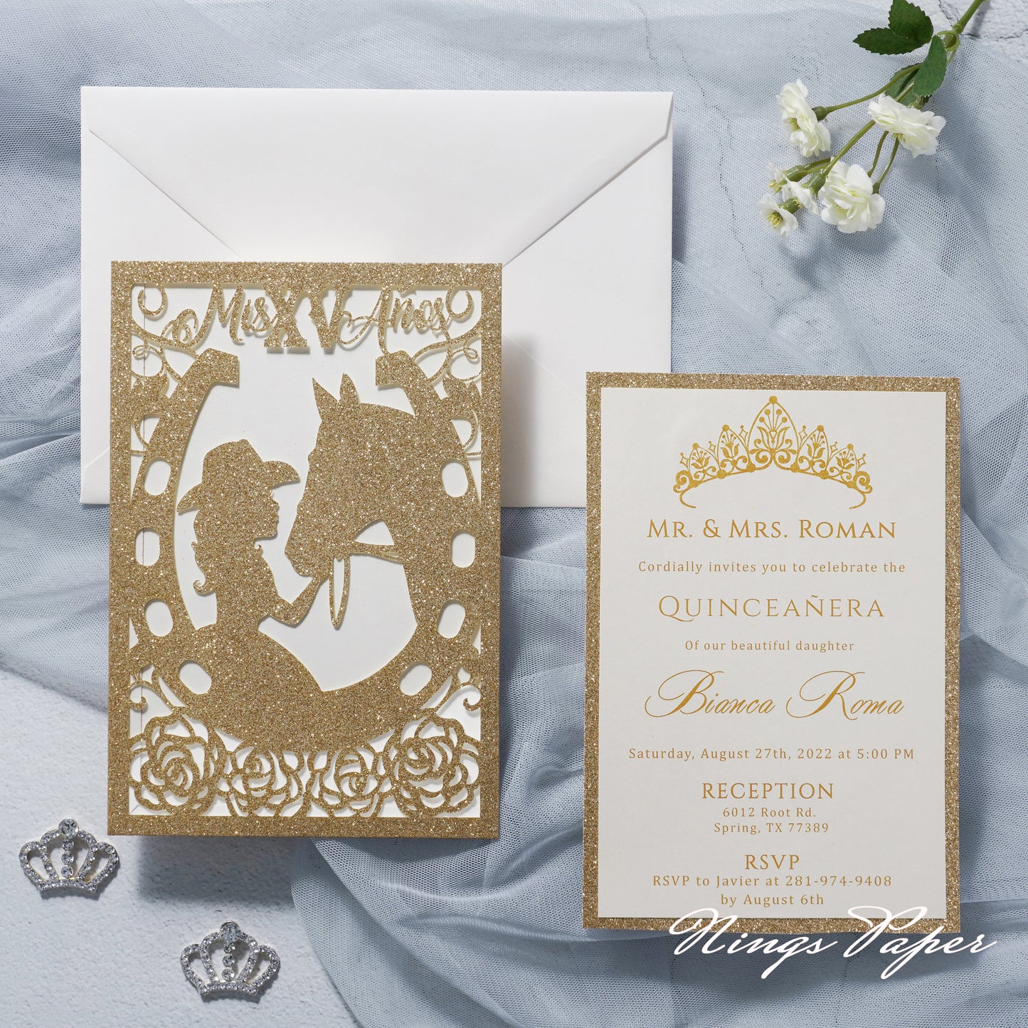 Gold Glitter Laser Cut Pocket Quinceañera Invitation Cards  with Envelopes