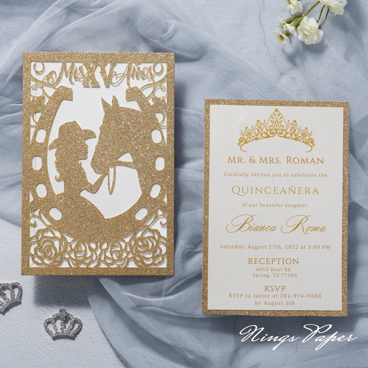 Gold Glitter Laser Cut Pocket Quinceañera Invitation Cards  with Envelopes