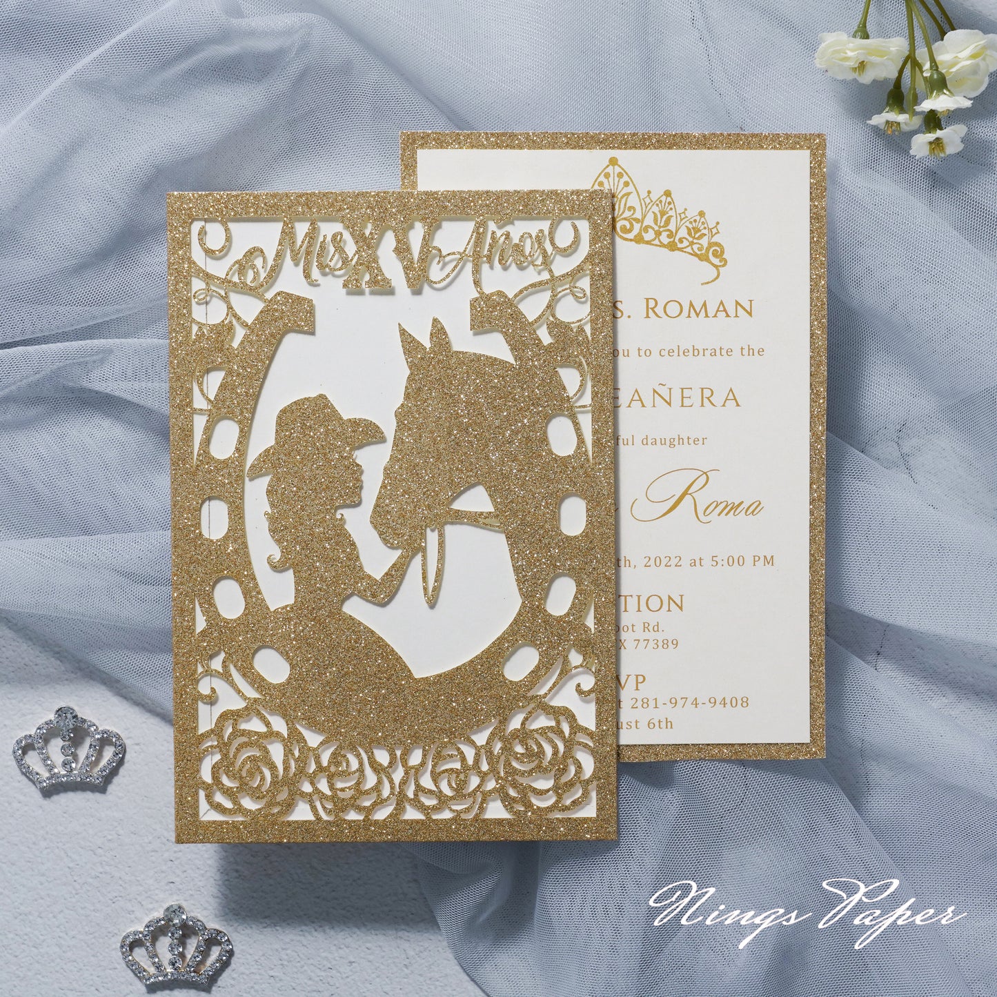 Gold Glitter Laser Cut Pocket Quinceañera Invitation Cards  with Envelopes