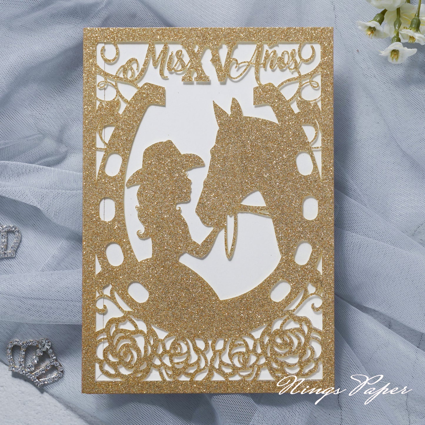 Gold Glitter Laser Cut Pocket Quinceañera Invitation Cards  with Envelopes