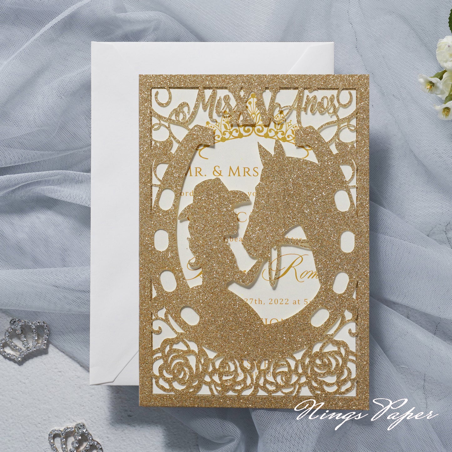 Gold Glitter Laser Cut Pocket Quinceañera Invitation Cards  with Envelopes