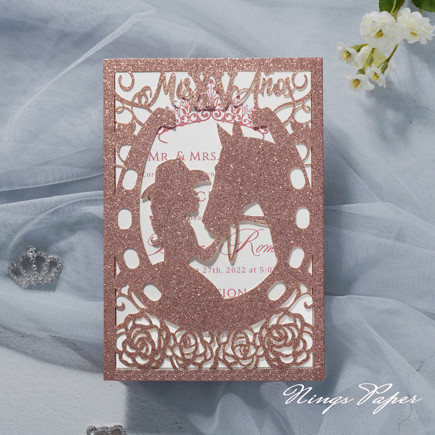 Rose Gold Glitter Laser Cut Pocket Quinceañera Invitation Cards with Envelopes