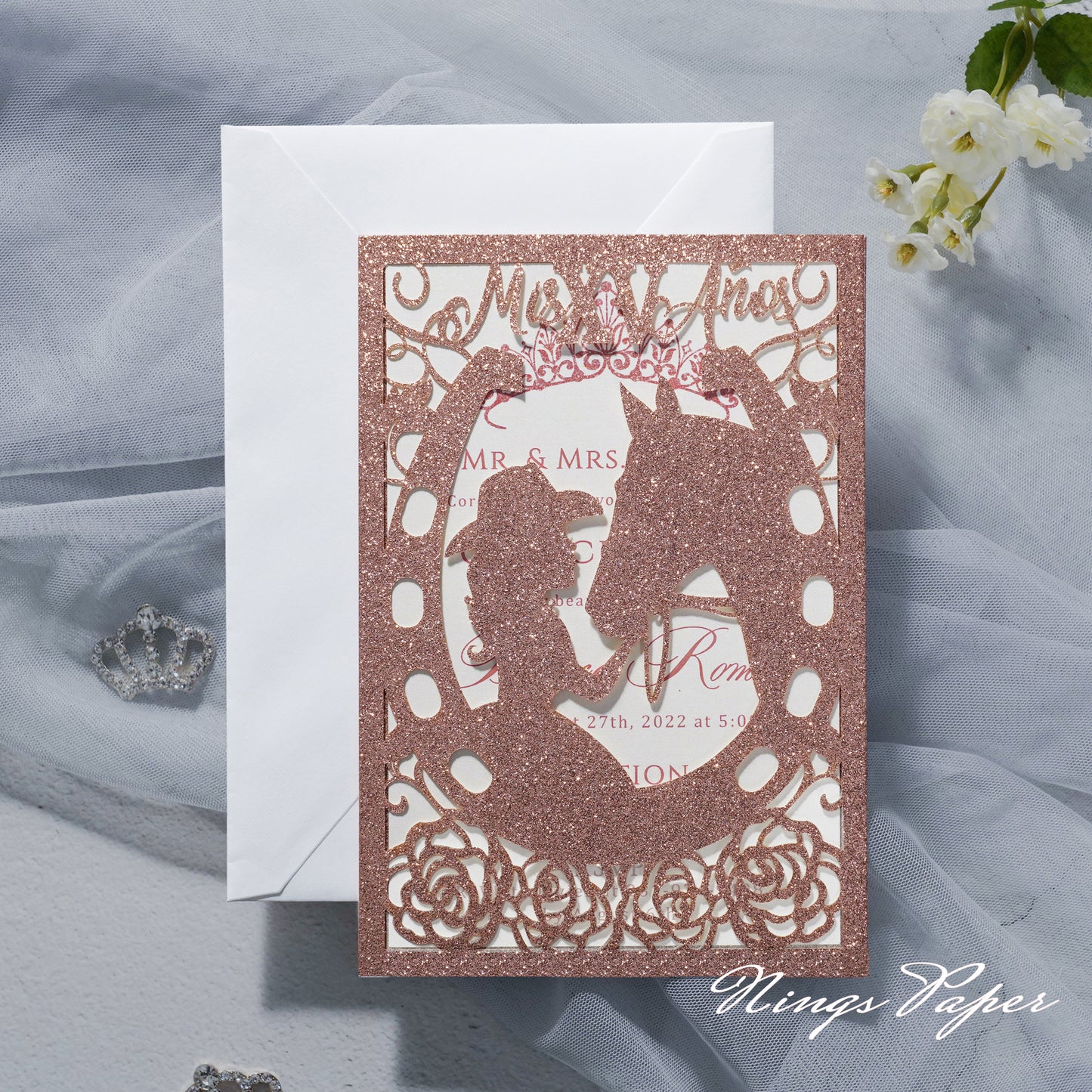 Rose Gold Glitter Laser Cut Pocket Quinceañera Invitation Cards with Envelopes