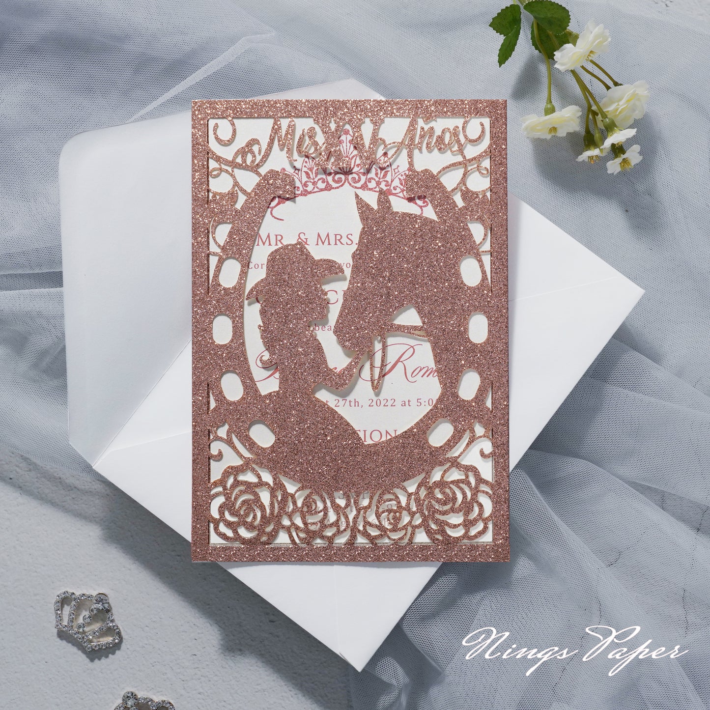 Rose Gold Glitter Laser Cut Pocket Quinceañera Invitation Cards with Envelopes