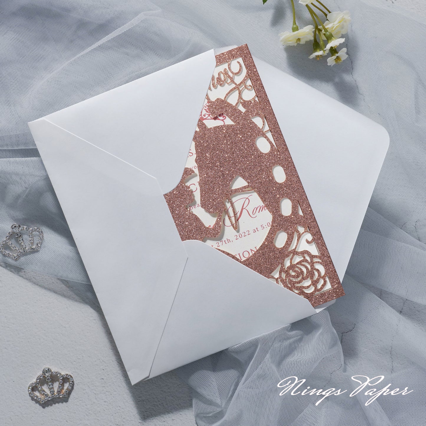 Rose Gold Glitter Laser Cut Pocket Quinceañera Invitation Cards with Envelopes