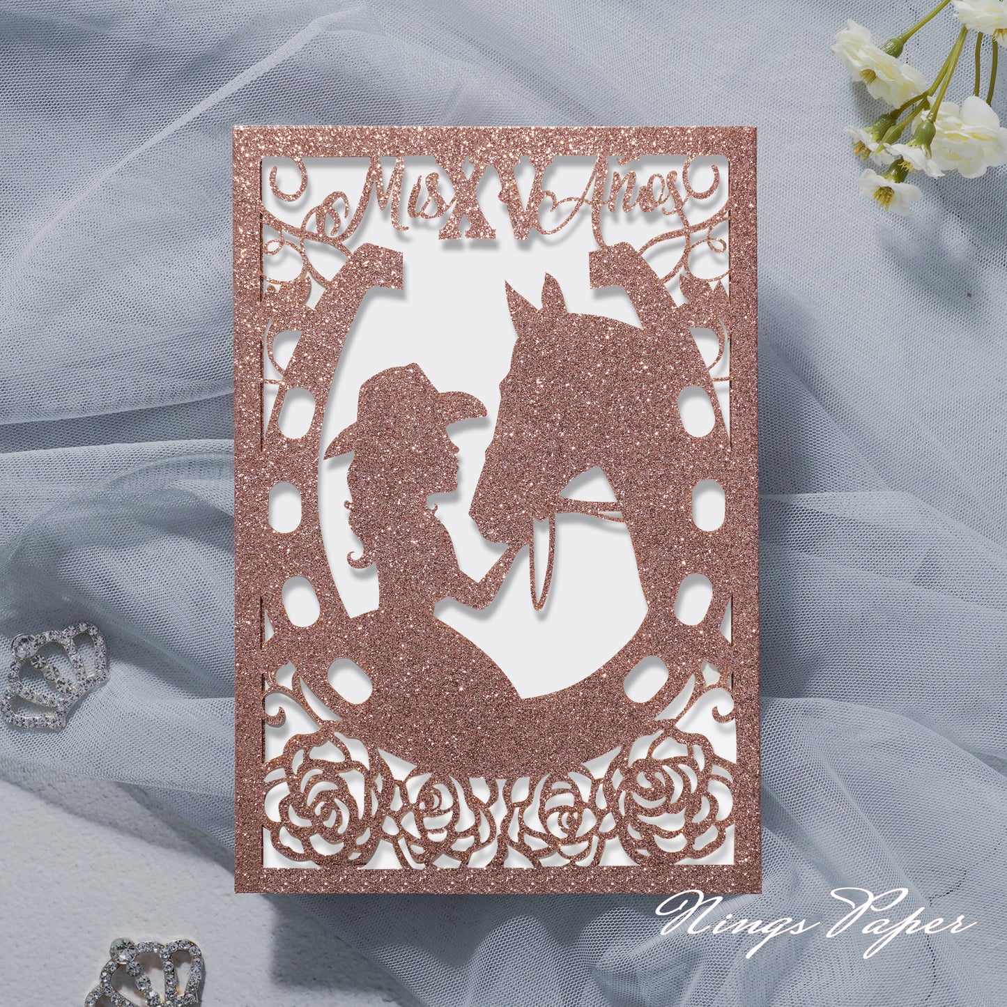 Rose Gold Glitter Laser Cut Pocket Quinceañera Invitation Cards with Envelopes