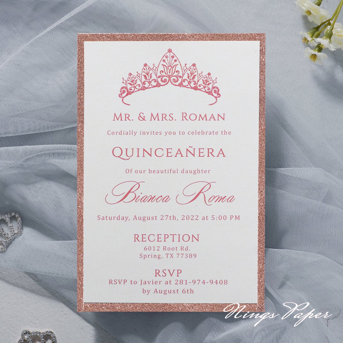 Rose Gold Glitter Laser Cut Pocket Quinceañera Invitation Cards with Envelopes