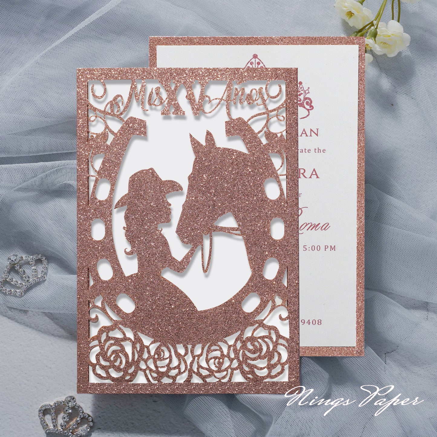 Rose Gold Glitter Laser Cut Pocket Quinceañera Invitation Cards with Envelopes