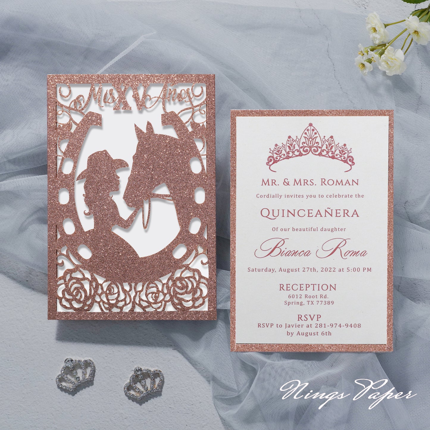 Rose Gold Glitter Laser Cut Pocket Quinceañera Invitation Cards with Envelopes