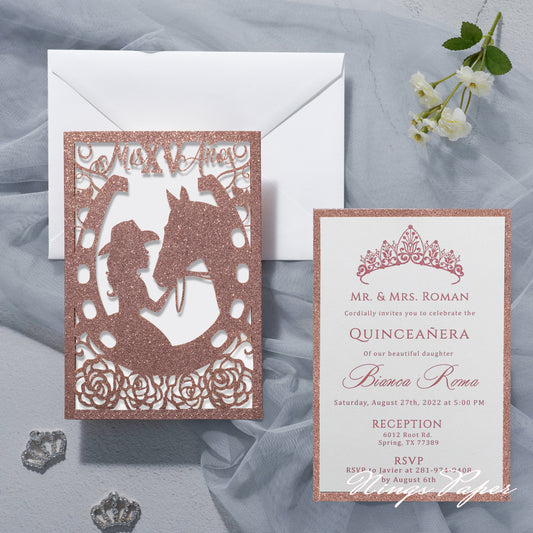 Rose Gold Glitter Laser Cut Pocket Quinceañera Invitation Cards with Envelopes