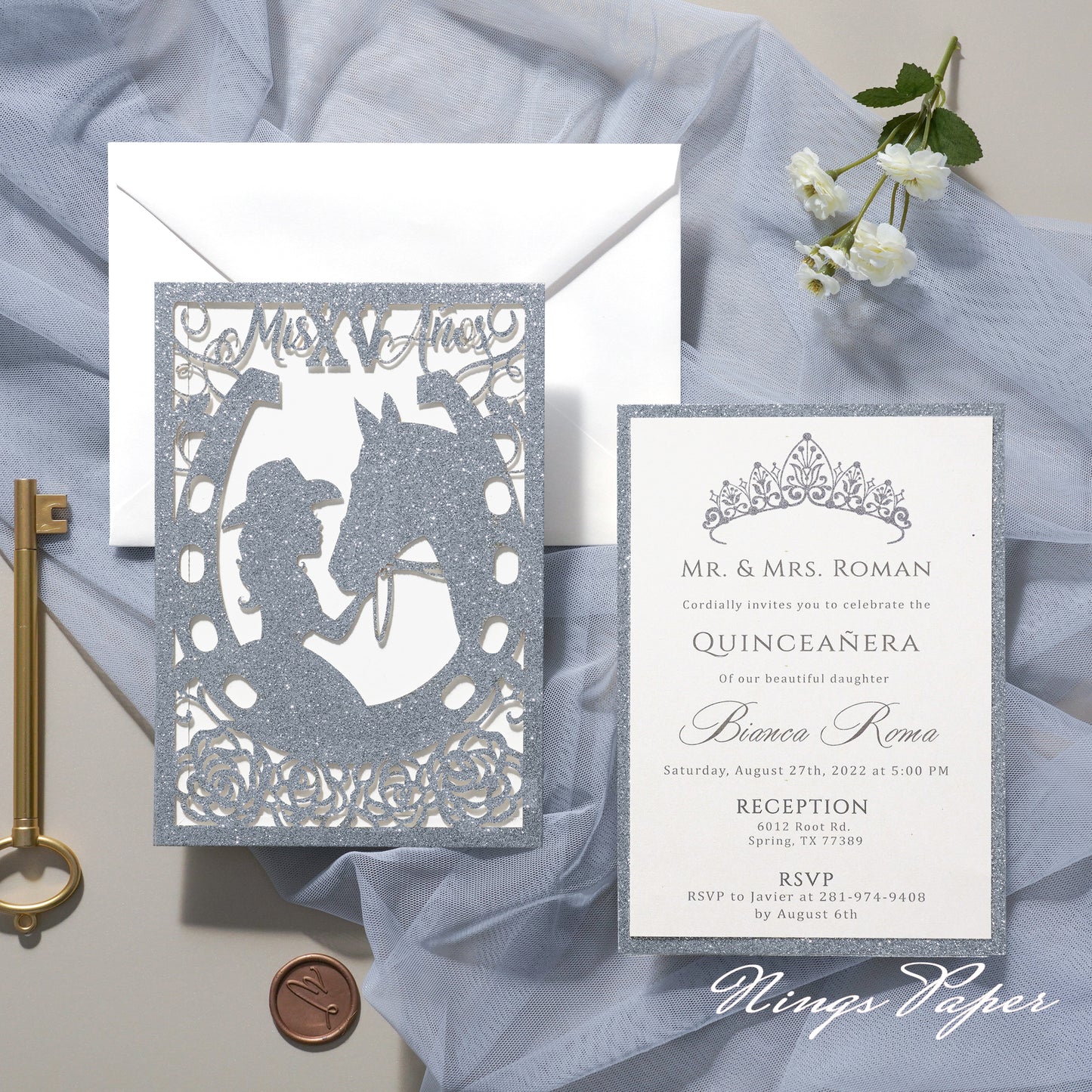 Silver Glitter Laser Cut Pocket Quinceañera Invitation Cards with Envelopes