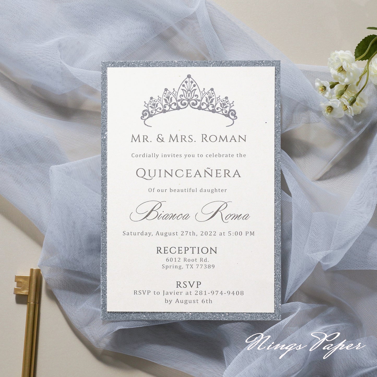 Silver Glitter Laser Cut Pocket Quinceañera Invitation Cards with Envelopes