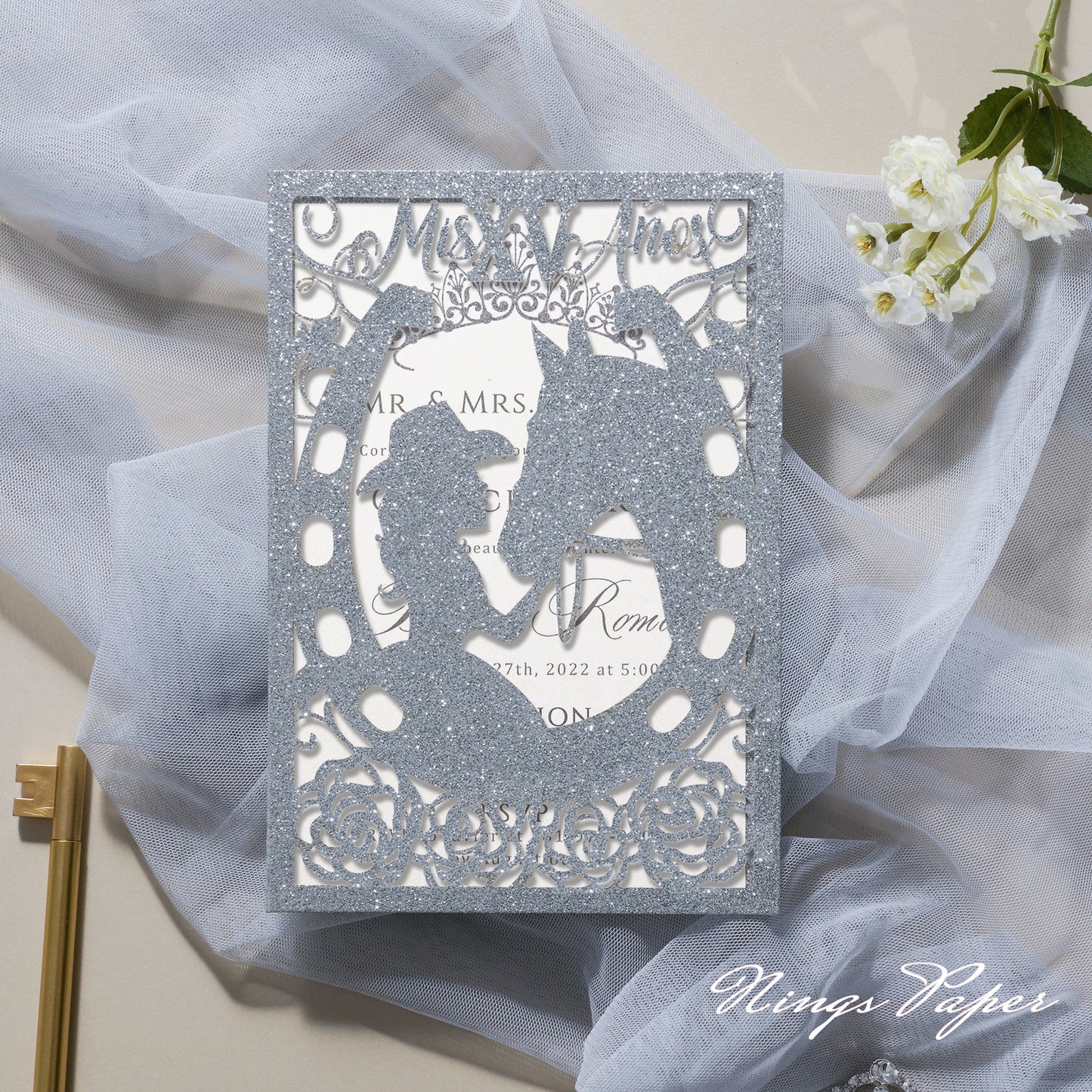 Silver Glitter Laser Cut Pocket Quinceañera Invitation Cards with Envelopes