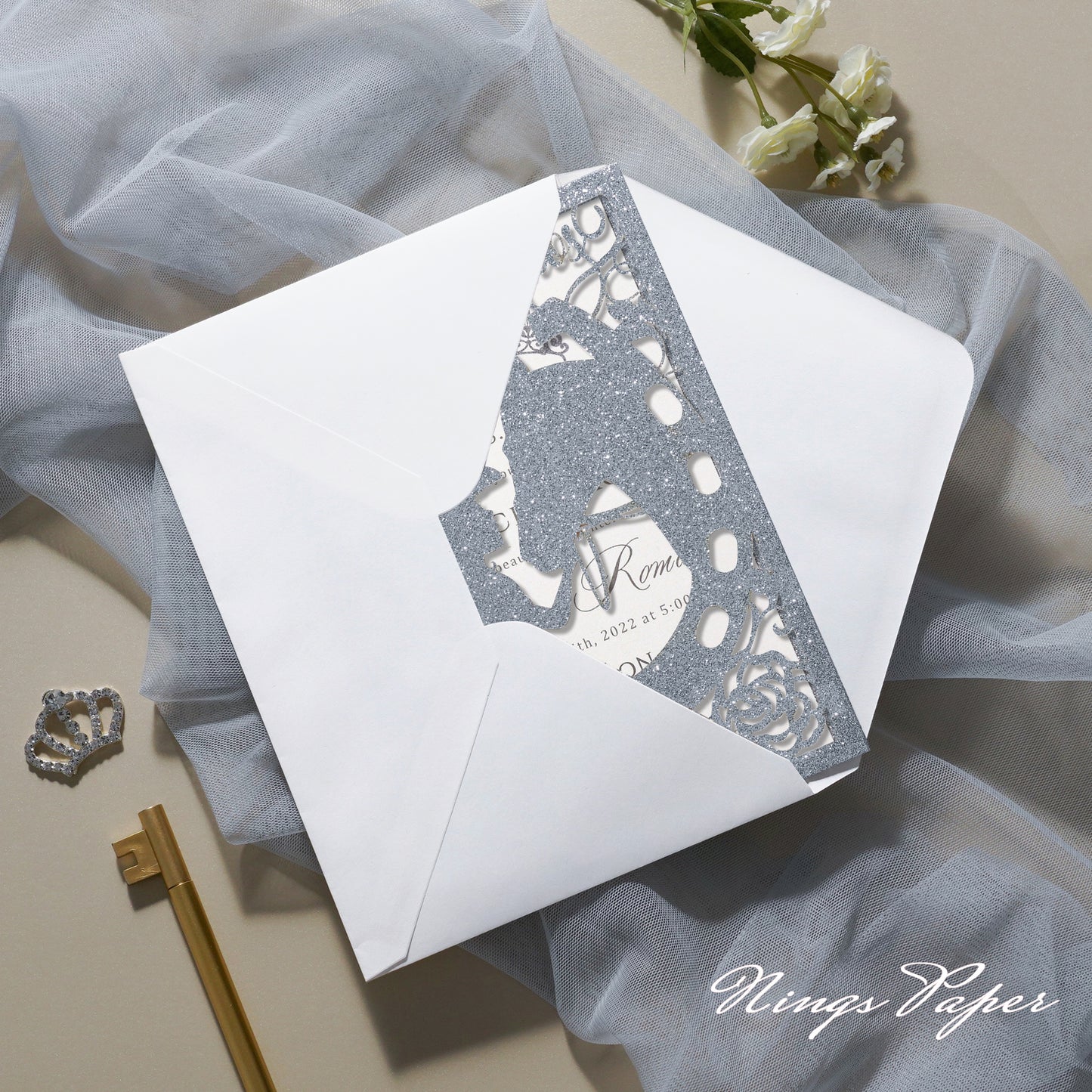 Silver Glitter Laser Cut Pocket Quinceañera Invitation Cards with Envelopes