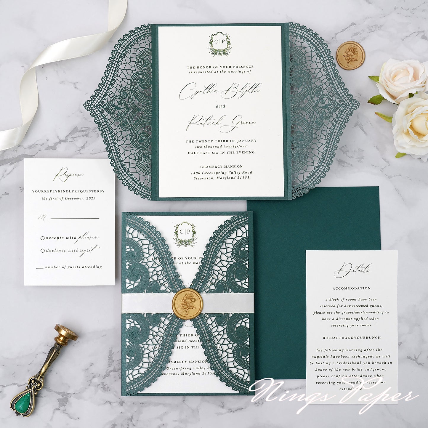 Sample Order Multi-color Laser Cut Invitation Cards with Ivory Belly Band and Wax Seal