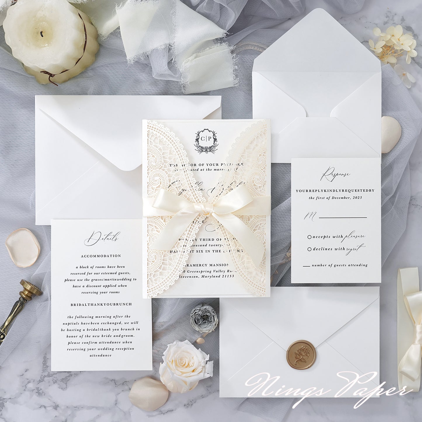 Sample Order Multi-color Laser Cut Invitation Cards with Ivory Belly Band and Wax Seal