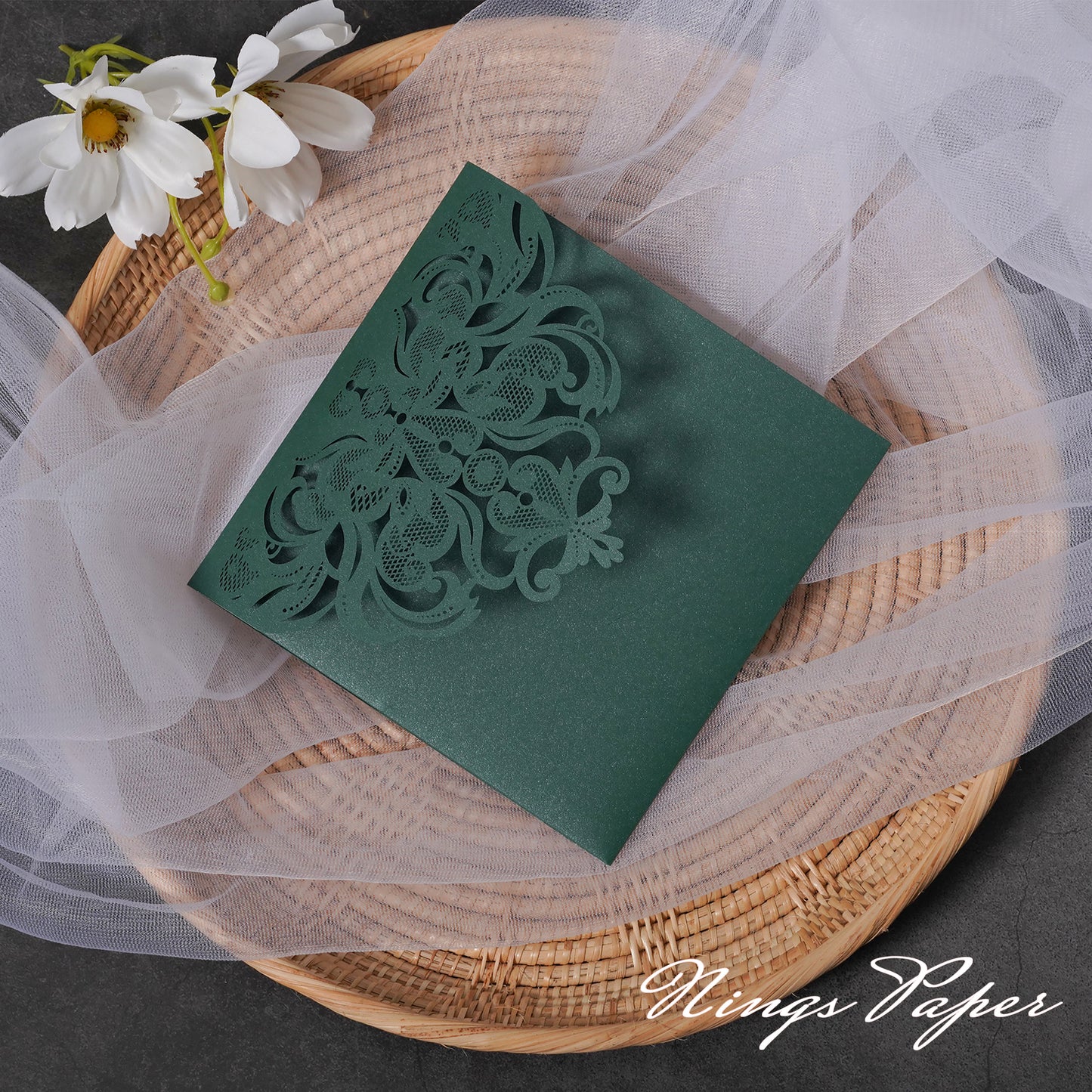 NingsPaper Emerald Green Classic Floral Tri-fold Laser Cut Pockets Collection WPFC2126