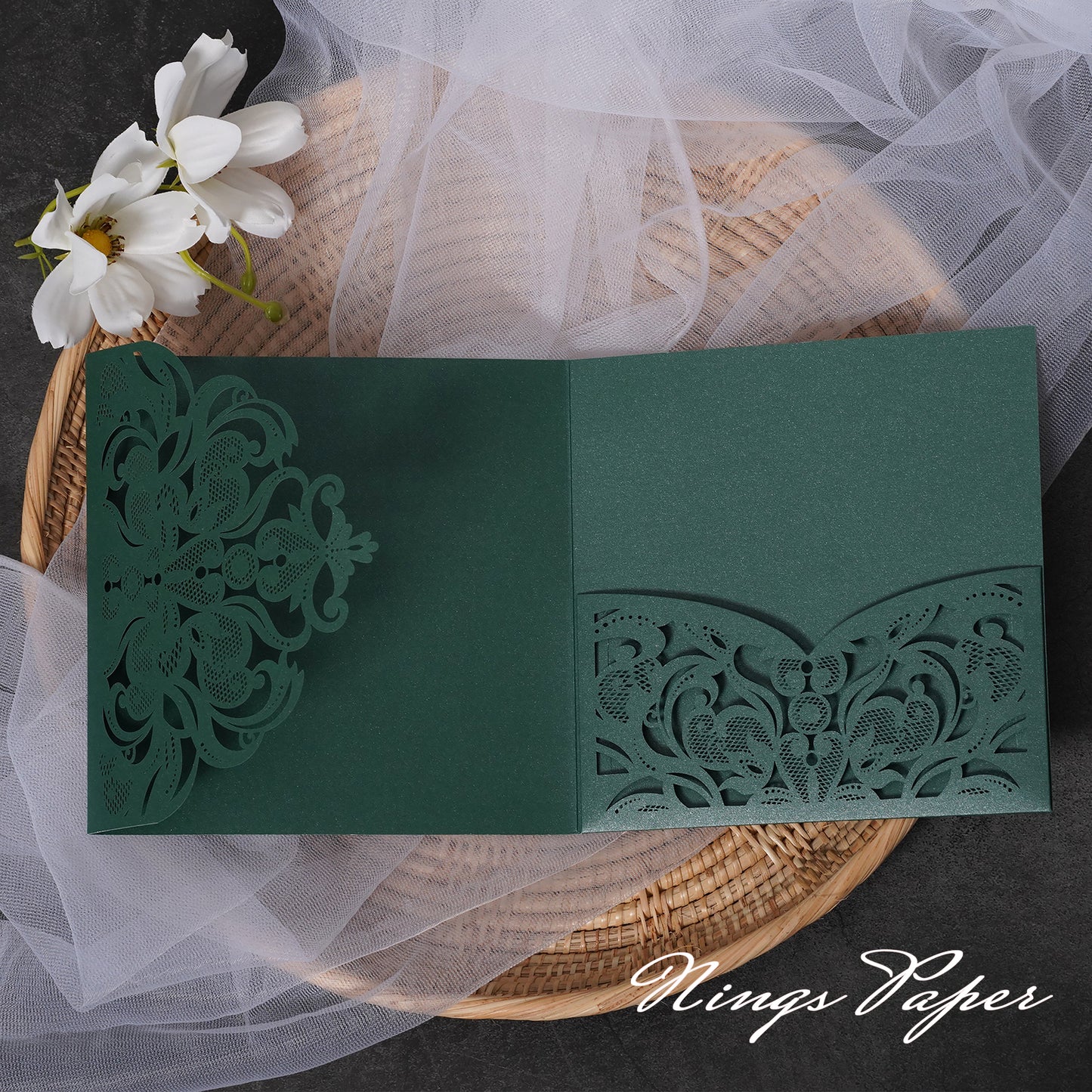 NingsPaper Emerald Green Classic Floral Tri-fold Laser Cut Pockets Collection WPFC2126