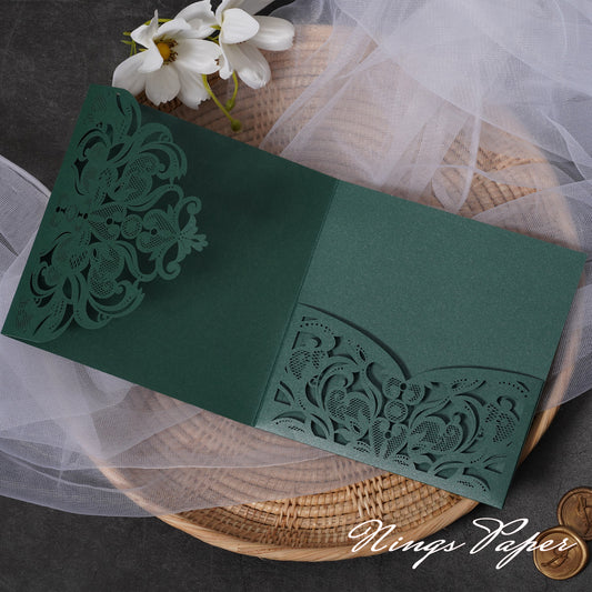 NingsPaper Emerald Green Classic Floral Tri-fold Laser Cut Pockets Collection WPFC2126