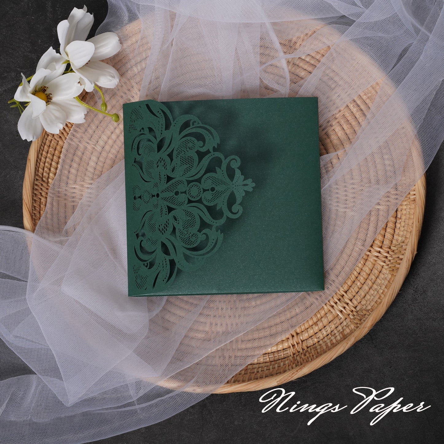 NingsPaper Emerald Green Classic Floral Tri-fold Laser Cut Pockets Collection WPFC2126