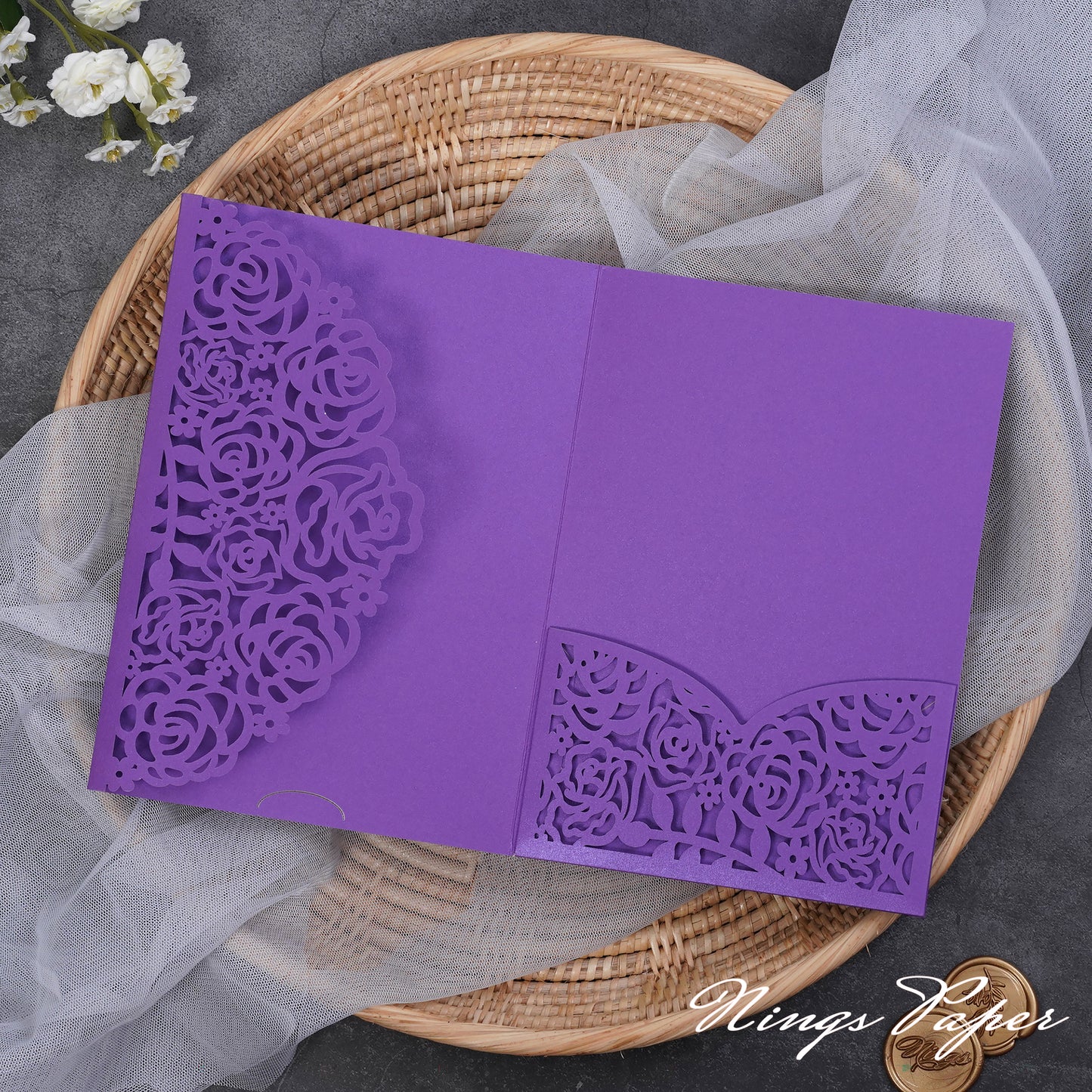 NingsPaper Two-color Rose Design Tri-fold Laser Cut Pockets Collection PA-268