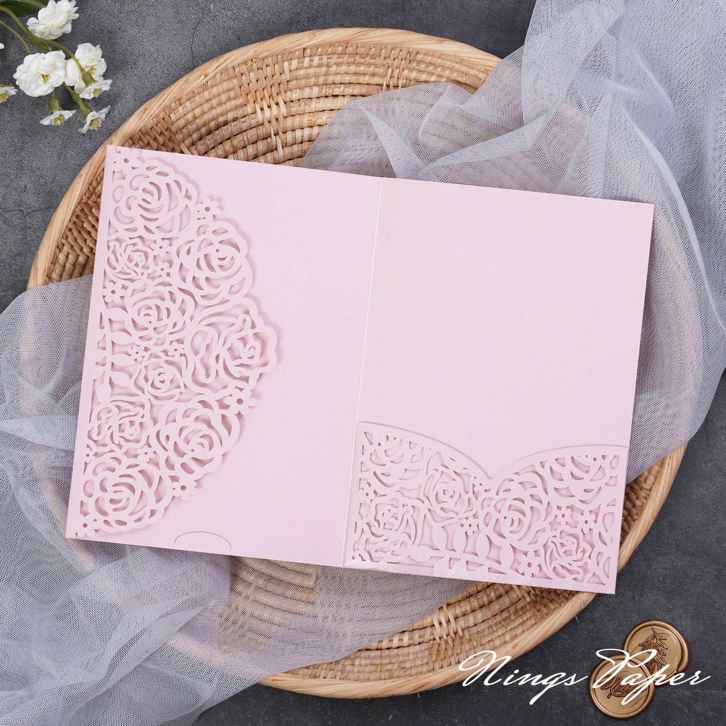 NingsPaper Two-color Rose Design Tri-fold Laser Cut Pockets Collection PA-268