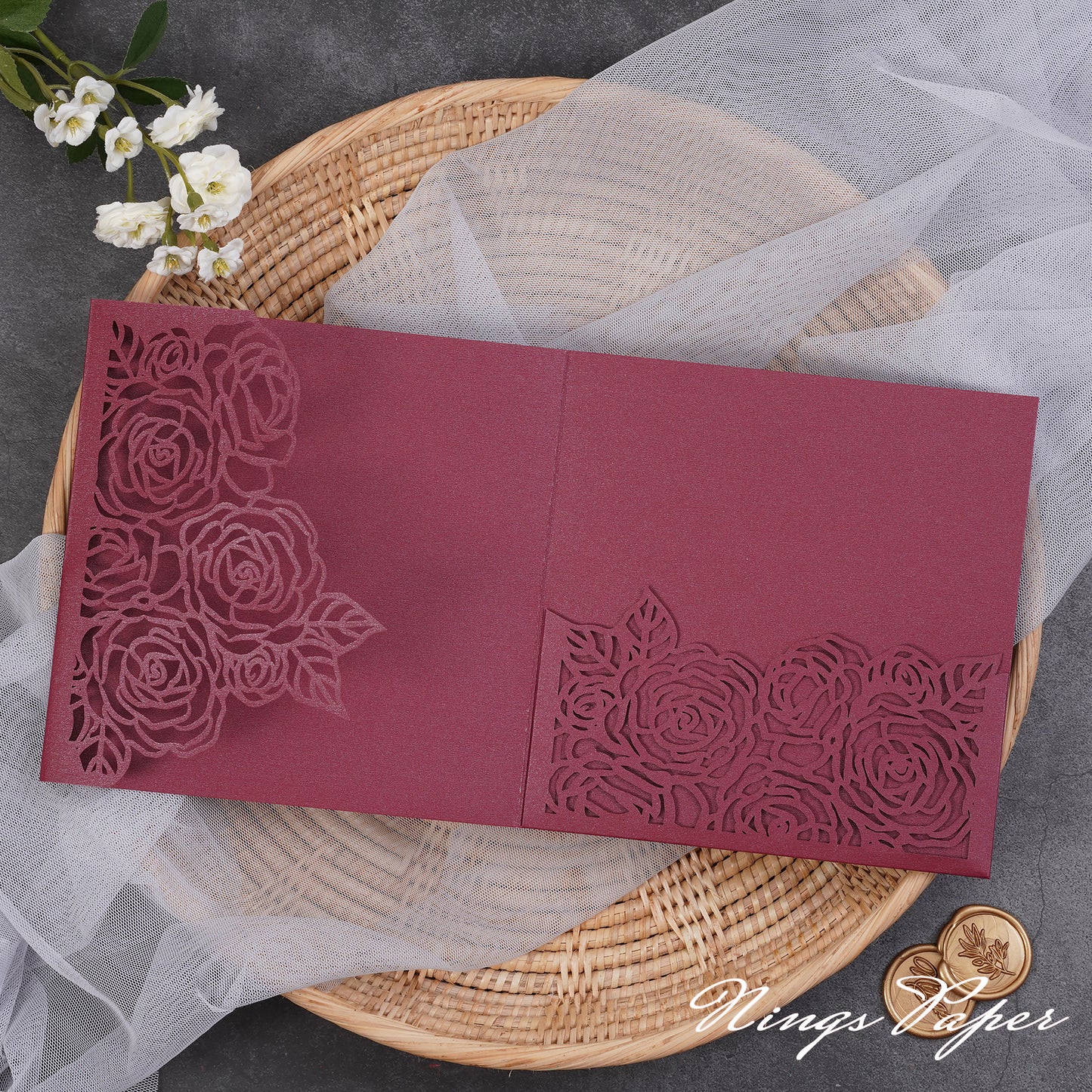 NingsPaper Rose Design Square Tri-fold Laser Cut Pockets Collection WPEC2136