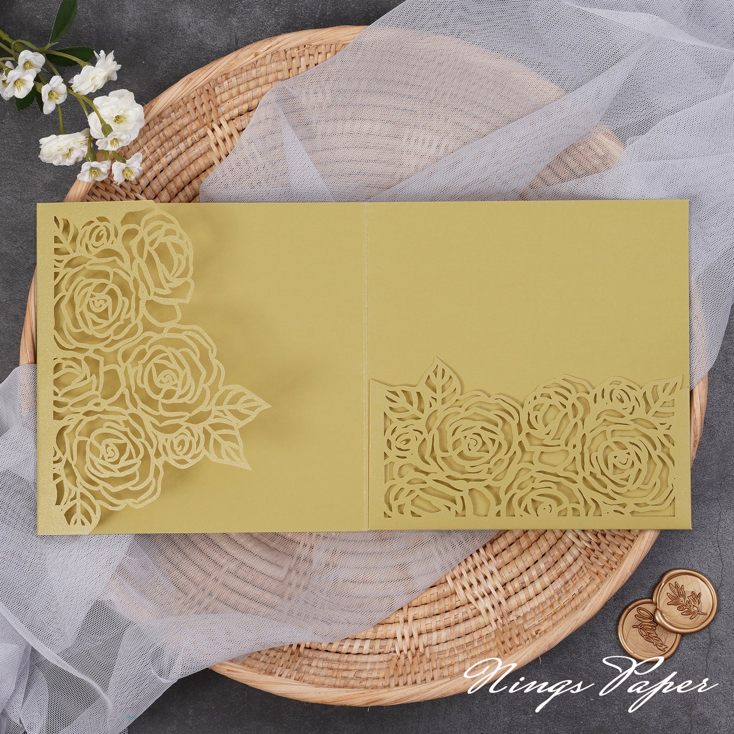 NingsPaper Rose Design Square Tri-fold Laser Cut Pockets Collection WPEC2136