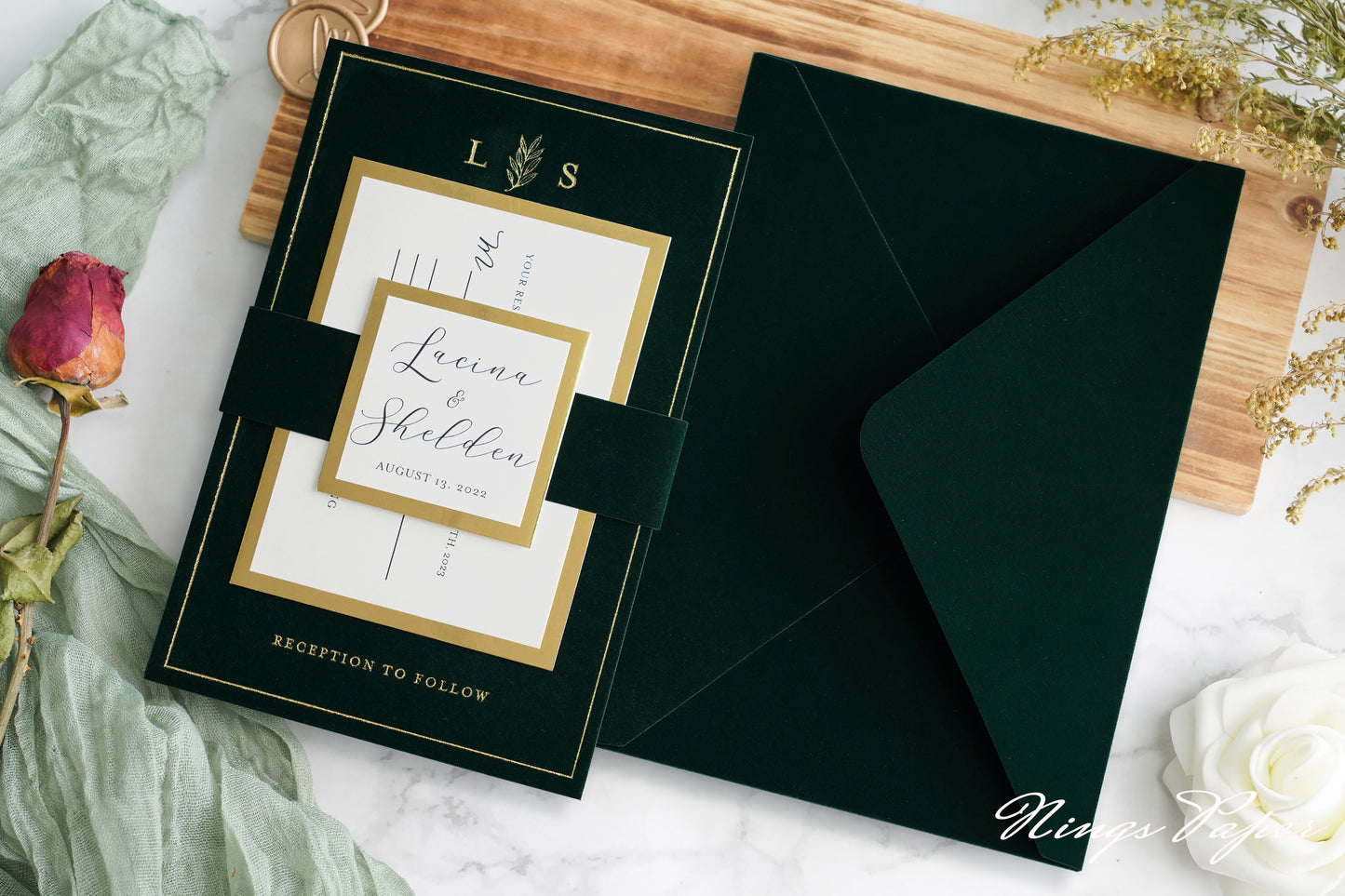 NingsPaper Emerald Green Gold Foil Print Velvet Wedding Invitation Cards with Envelopes