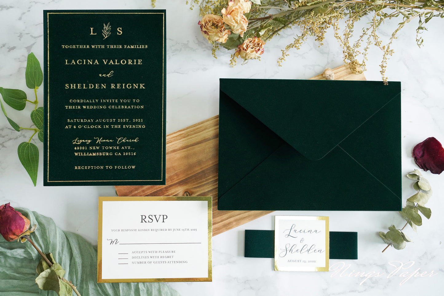 NingsPaper Emerald Green Gold Foil Print Velvet Wedding Invitation Cards with Envelopes