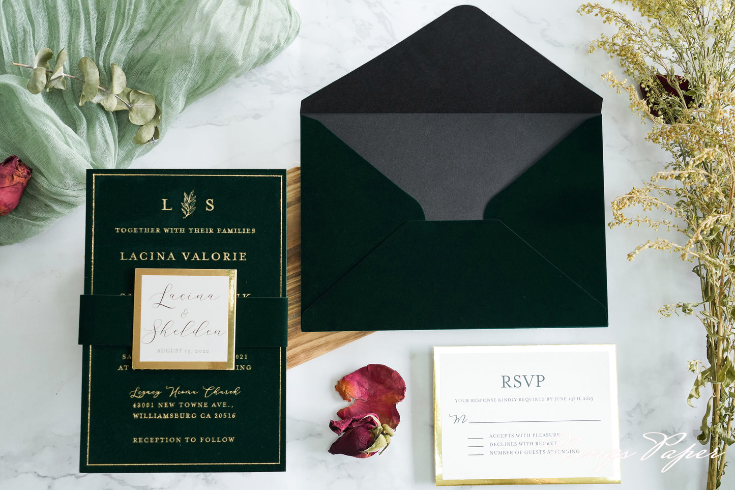 NingsPaper Emerald Green Gold Foil Print Velvet Wedding Invitation Cards with Envelopes