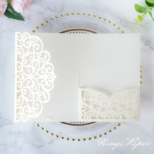 NingsPaper Ivory Triple Folded Laser Cut Wedding Invitation Pocket